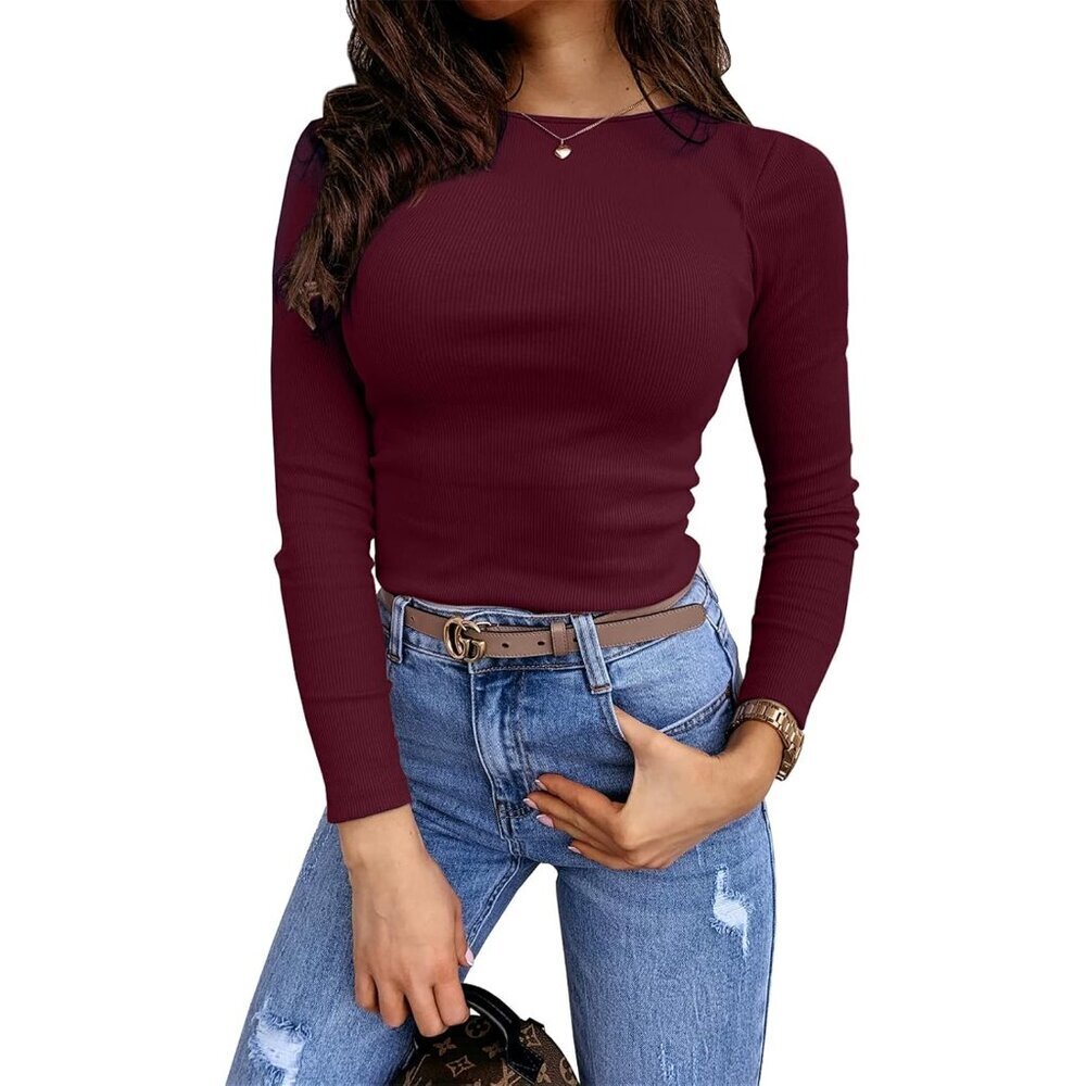 Women's Ribbed Knit Long Sleeve Shirt Small Fitted Tees Winter Fall